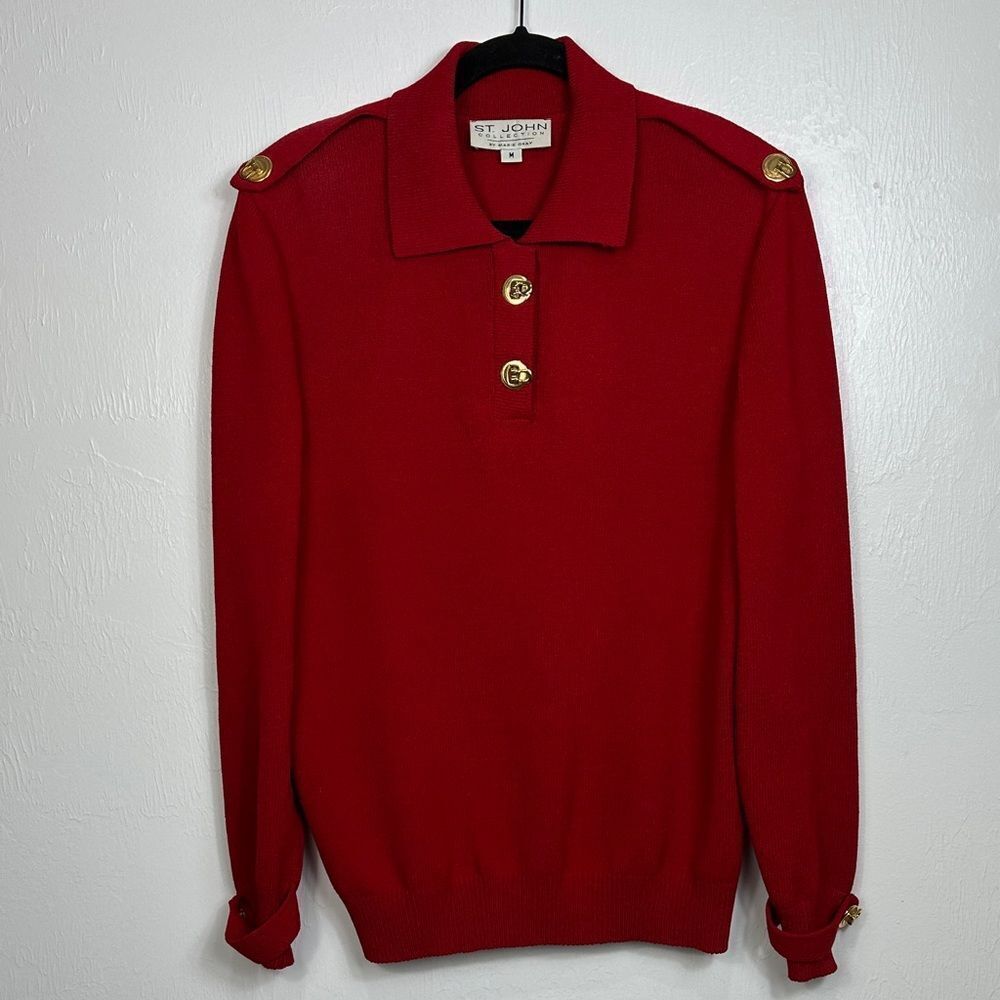 St. John Collection By Marie Gray Red Sweater With Gold Accents Size M